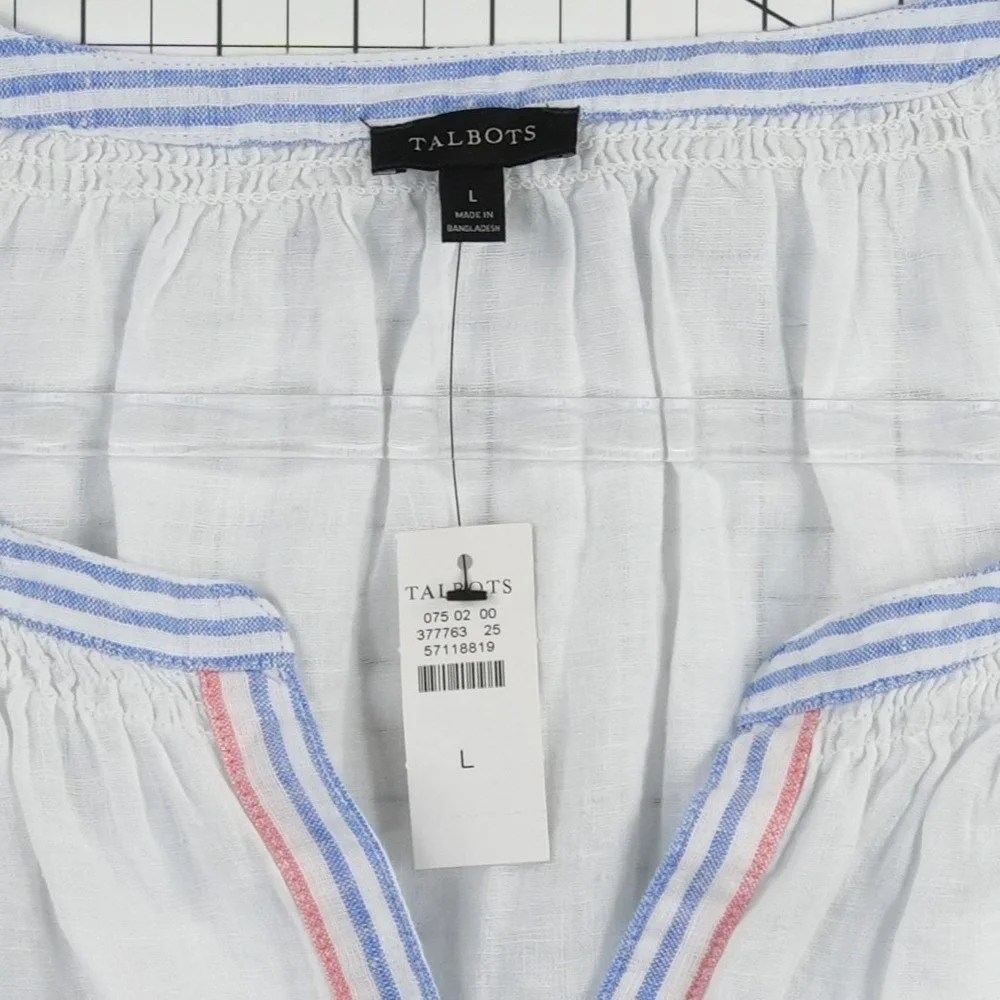 NWT Talbots 100% Linen Blouse Women's Size Large White Blue Coral Striped Henley